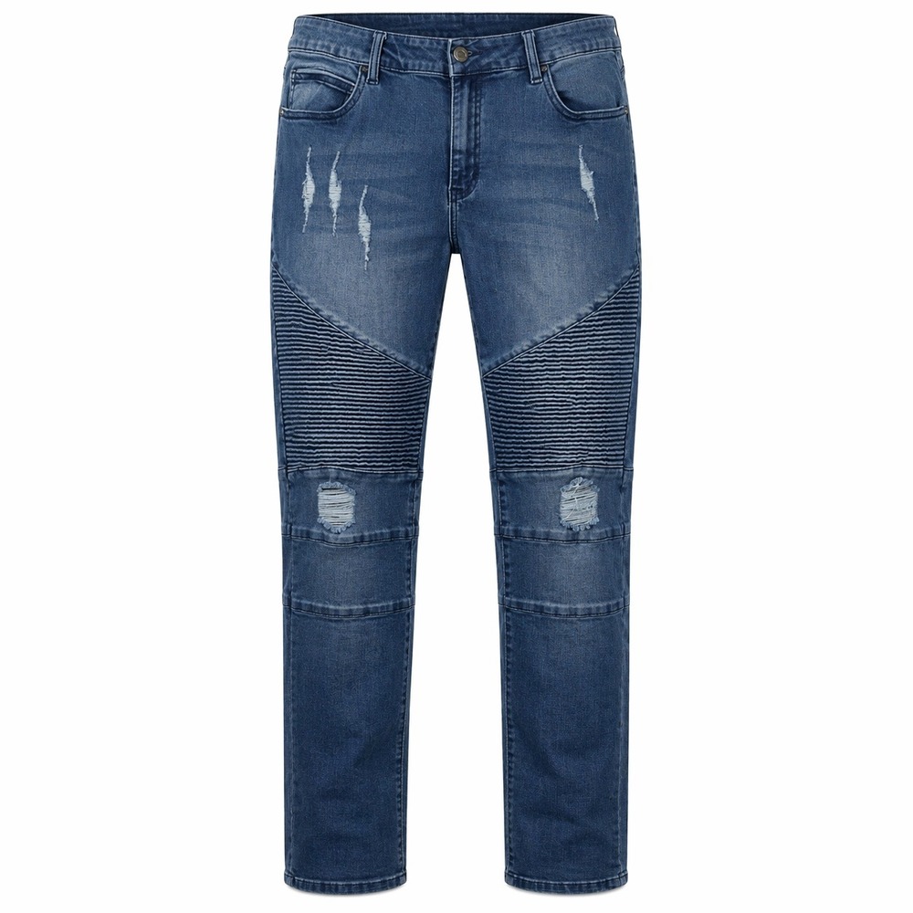 ZLZ Biker Jeans Men 38W Blue Distressed Moto Slim Fit Ribbed Denim
